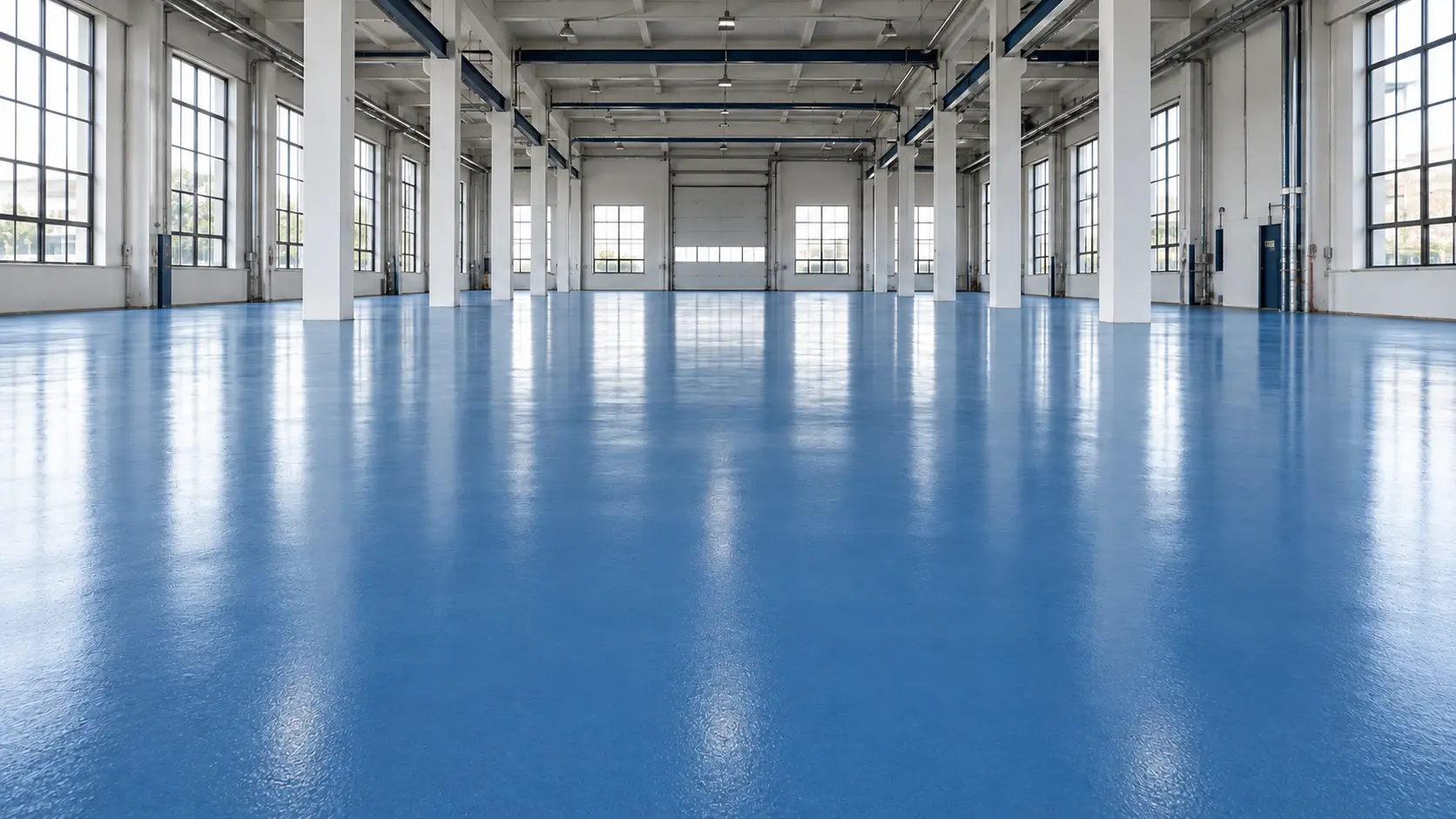 La misma nave industrial con un piso epóxico azul terminado