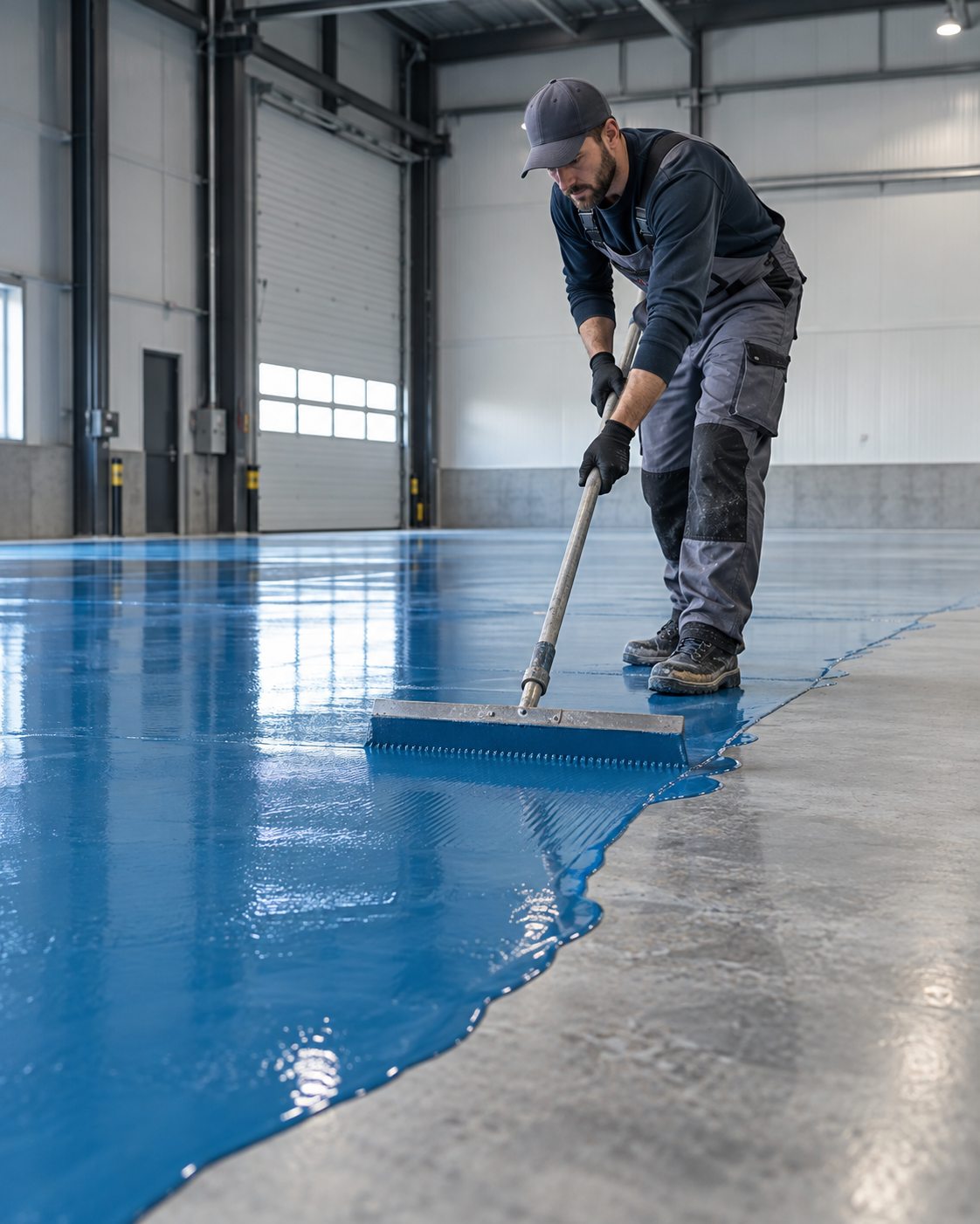 Técnico aplicando un piso epóxico azul con una llana dentada